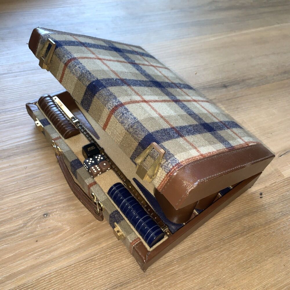 Vintage Aries Of Beverly Hills Backgammon Set Brown And Navy Plaid COMPLETE MCM